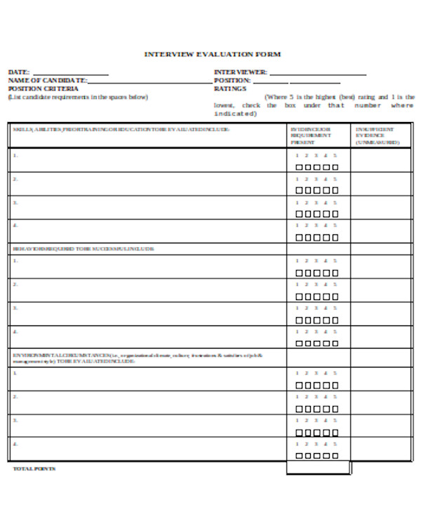 Free 13 Sample Interview Evaluation Forms In Pdf Ms Word Excel Riset