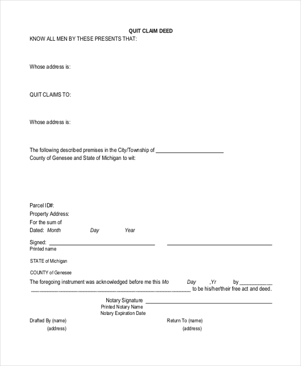 FREE 8 Sample Quit Claim Deed Forms In MS Word PDF