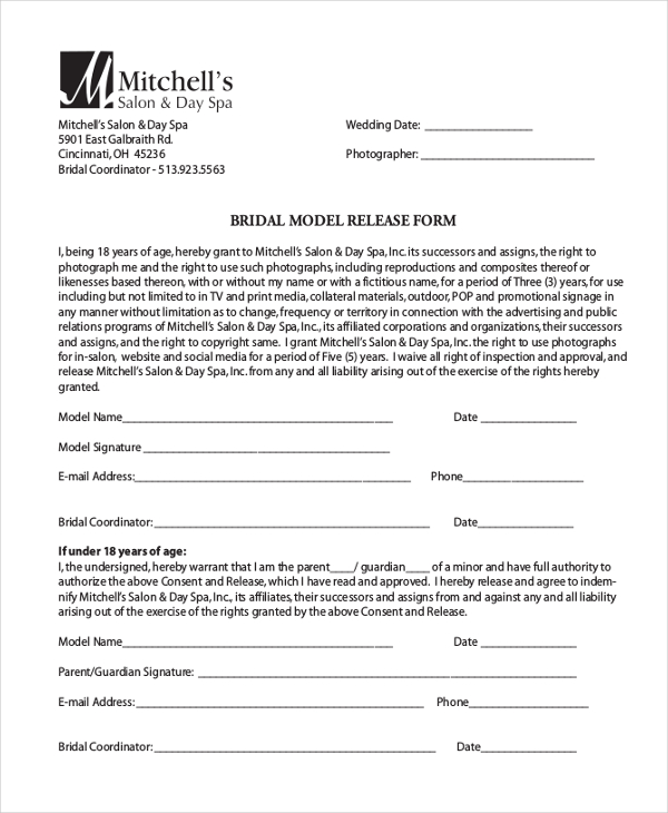 BRIDAL MODEL RELEASE FORM