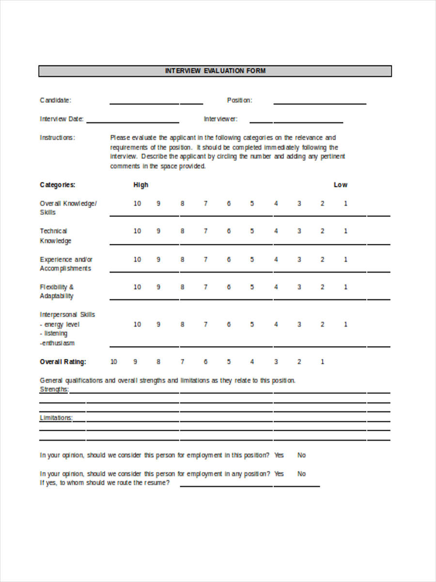 Free 13 Sample Interview Evaluation Forms In Pdf Ms Word Excel Vrogue