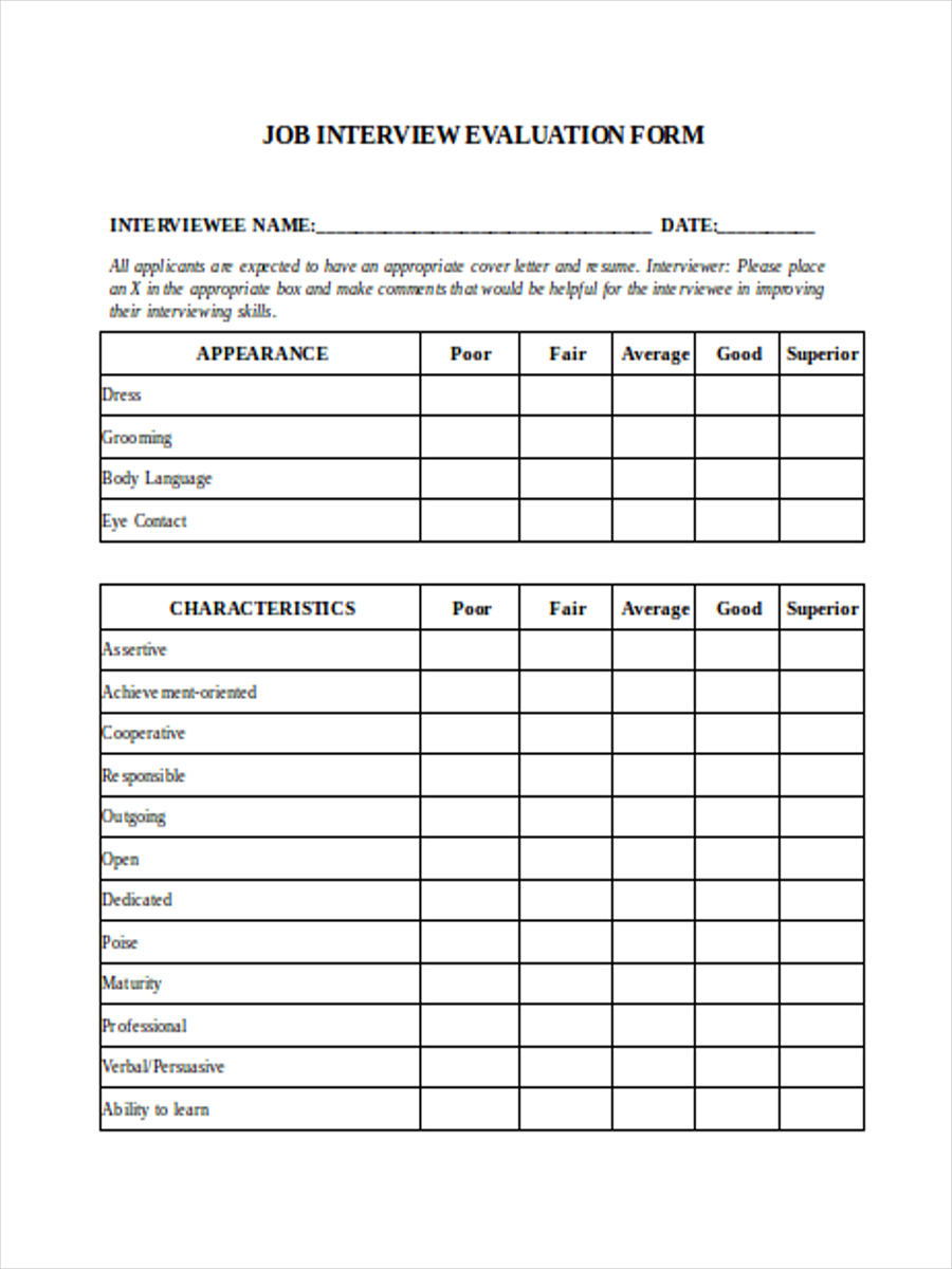 Free 31 Interview Evaluation Forms In Pdf Ms Word Excel Images
