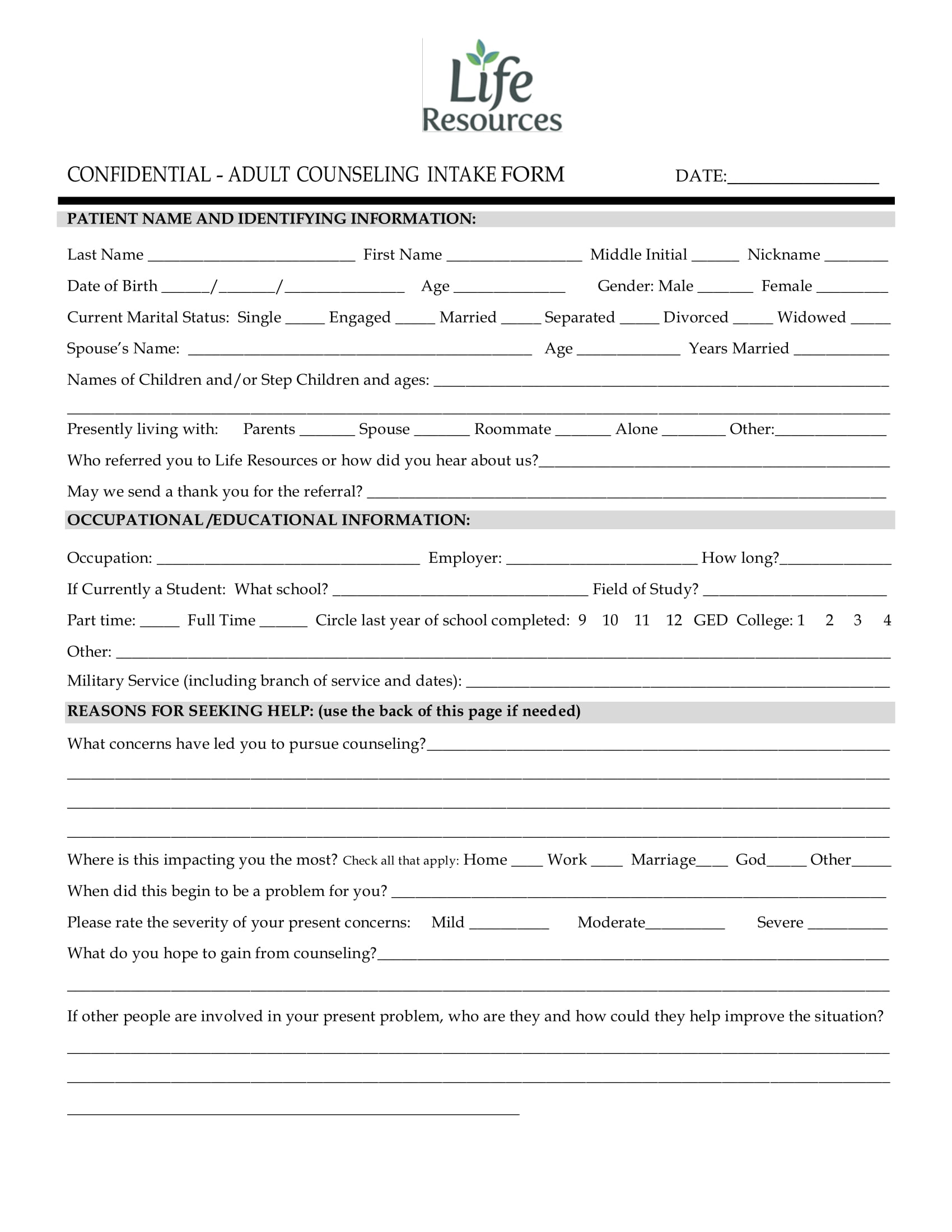 Counseling Client Printable Counselling Intake Form Template