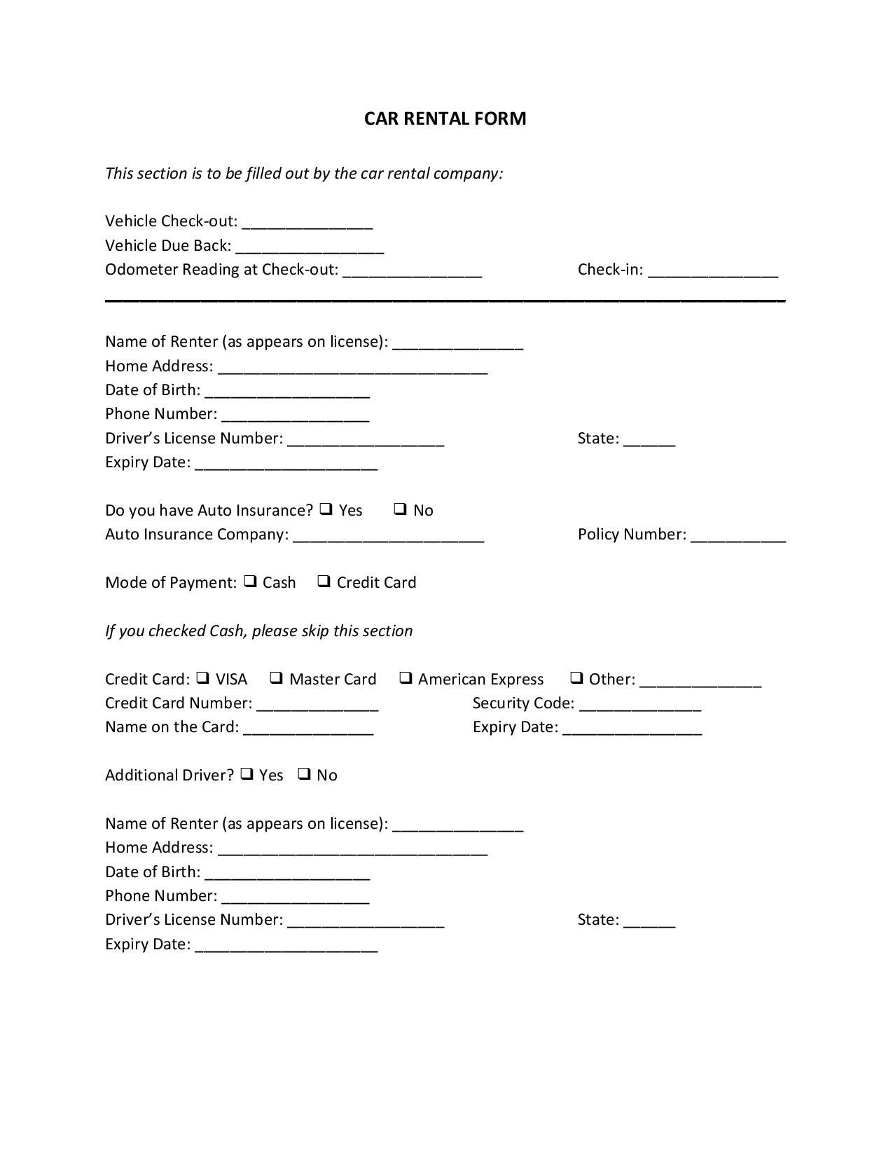 FREE Car Rental Form [PDF, Word] Pertaining To car hire agreement template