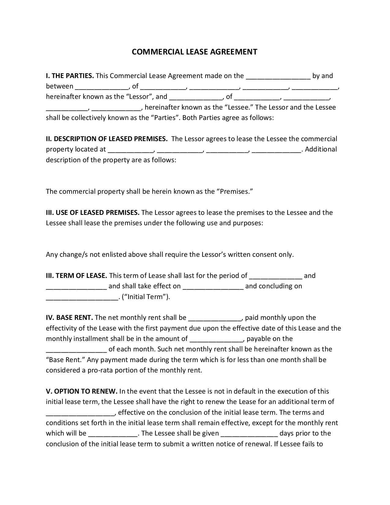 Template For Commercial Lease Agreement Printable Form Templates And 