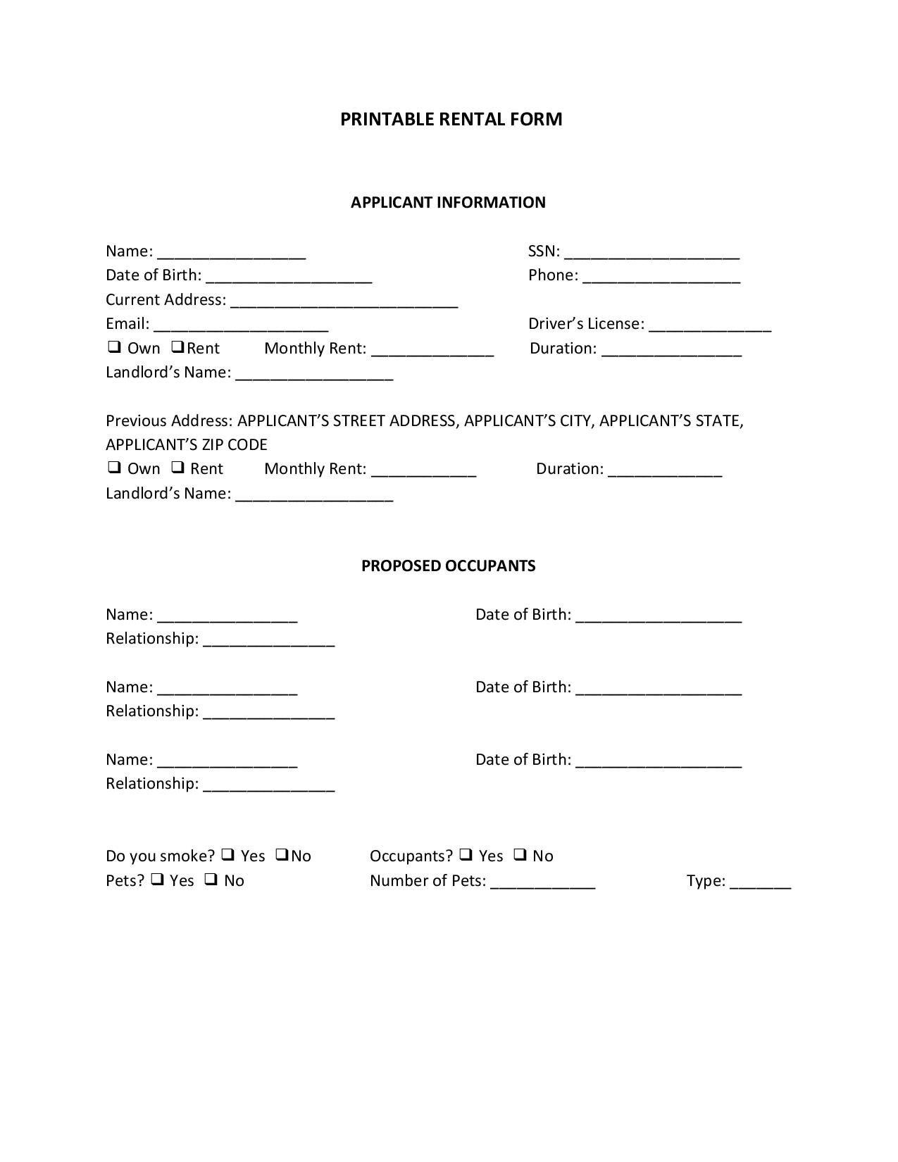 FREE Rental Application Forms