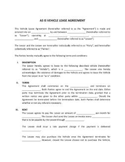 As-Is Vehicle Lease Agreement Form