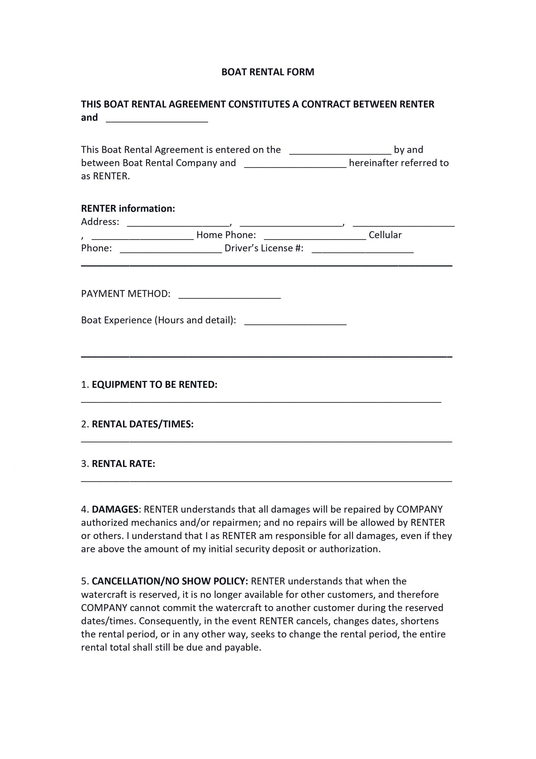 Kayak Rental Agreement Template