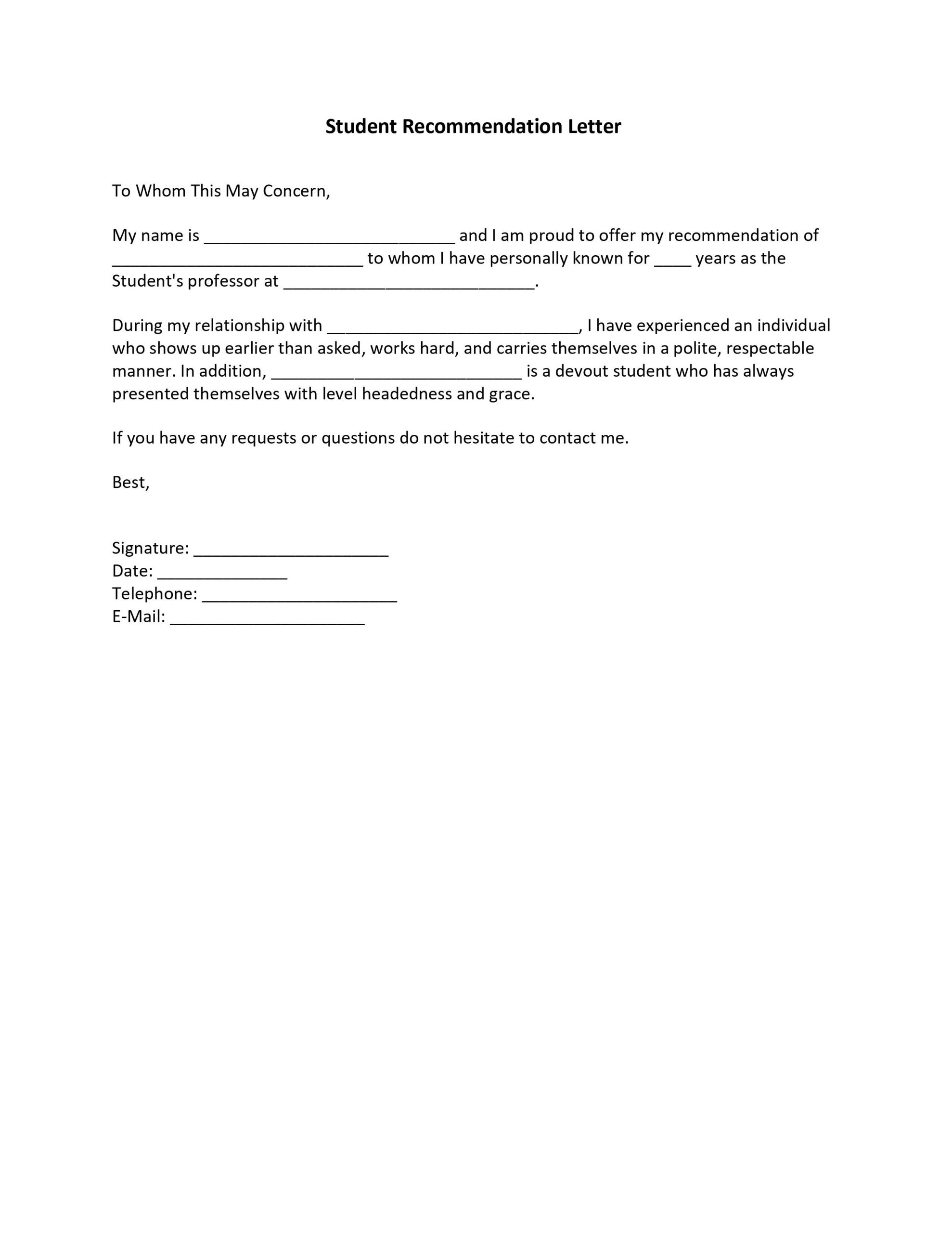 Student Recommendation Letter