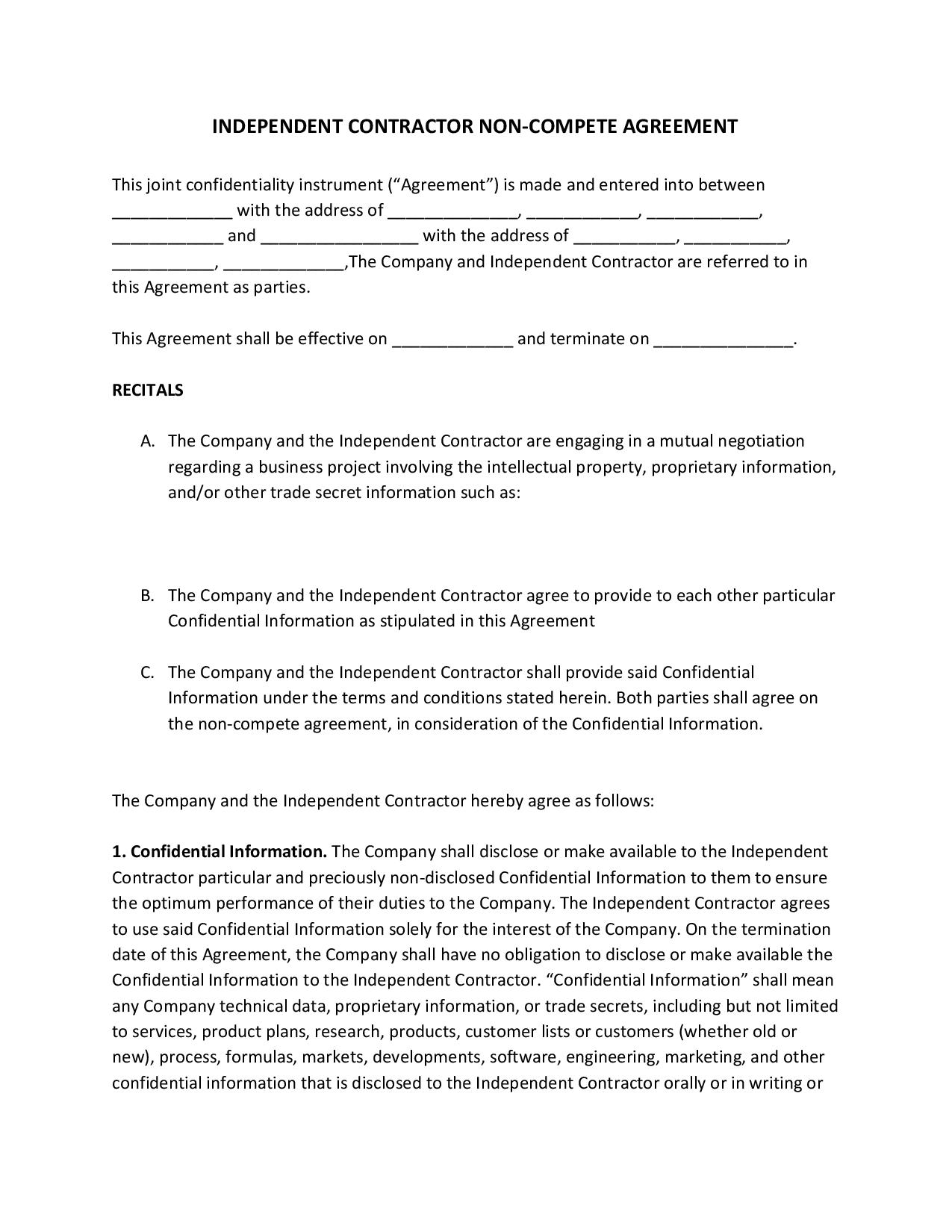 Free Independent Contractor Non Compete Agreement Pdf Word