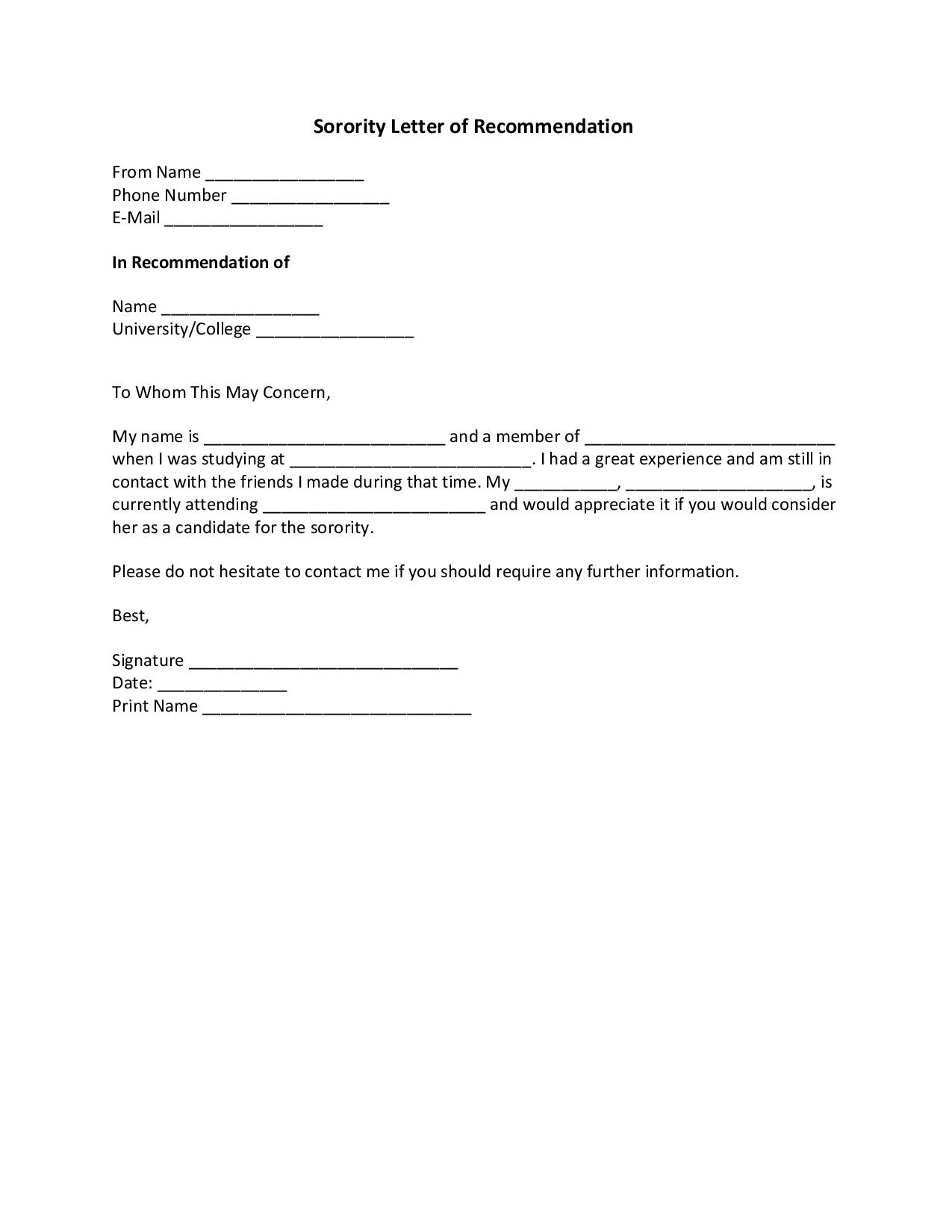 Sample Letter Of Recommendation For A Sorority 5481