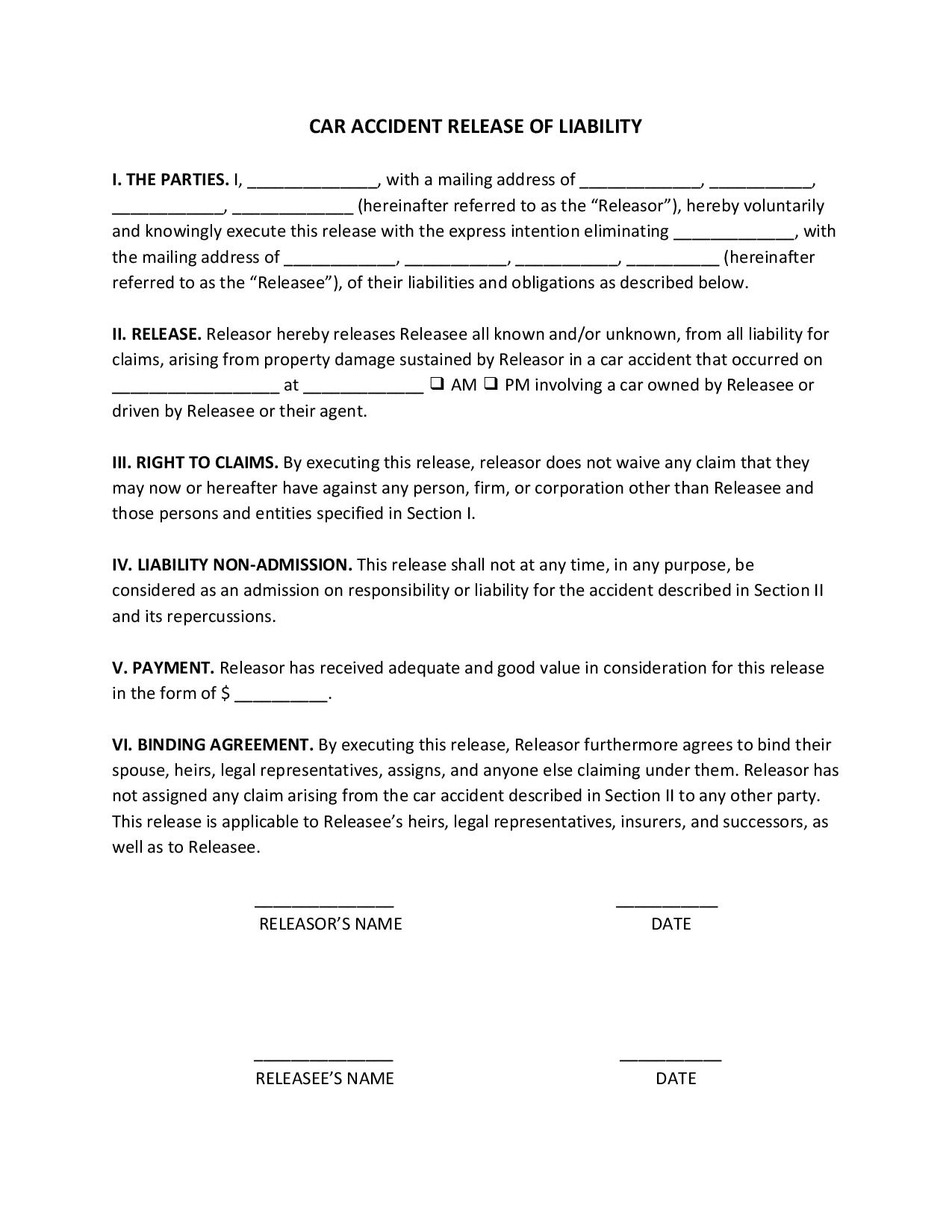 Car Accident Release of Liability