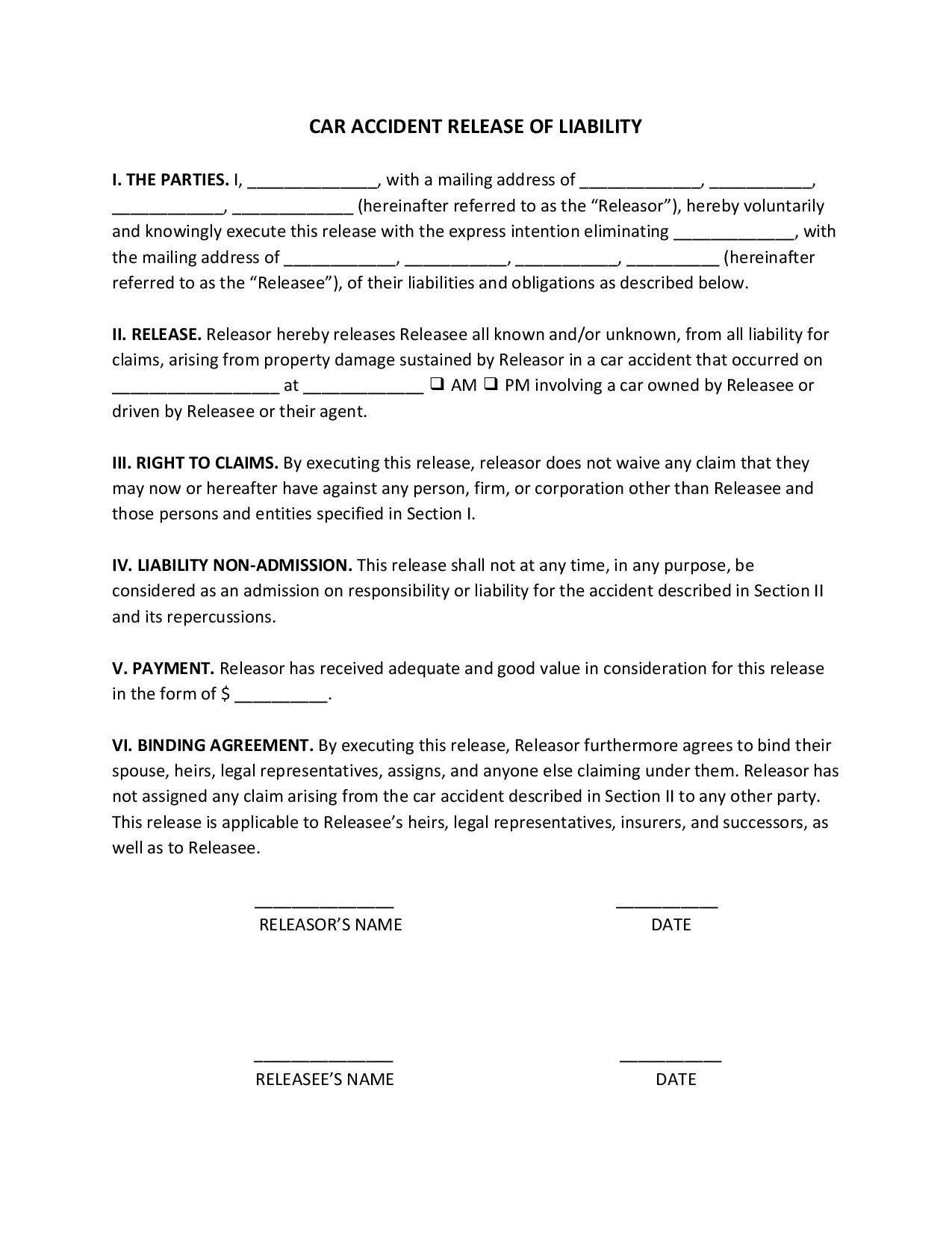 FREE Release of Liability Agreement Forms