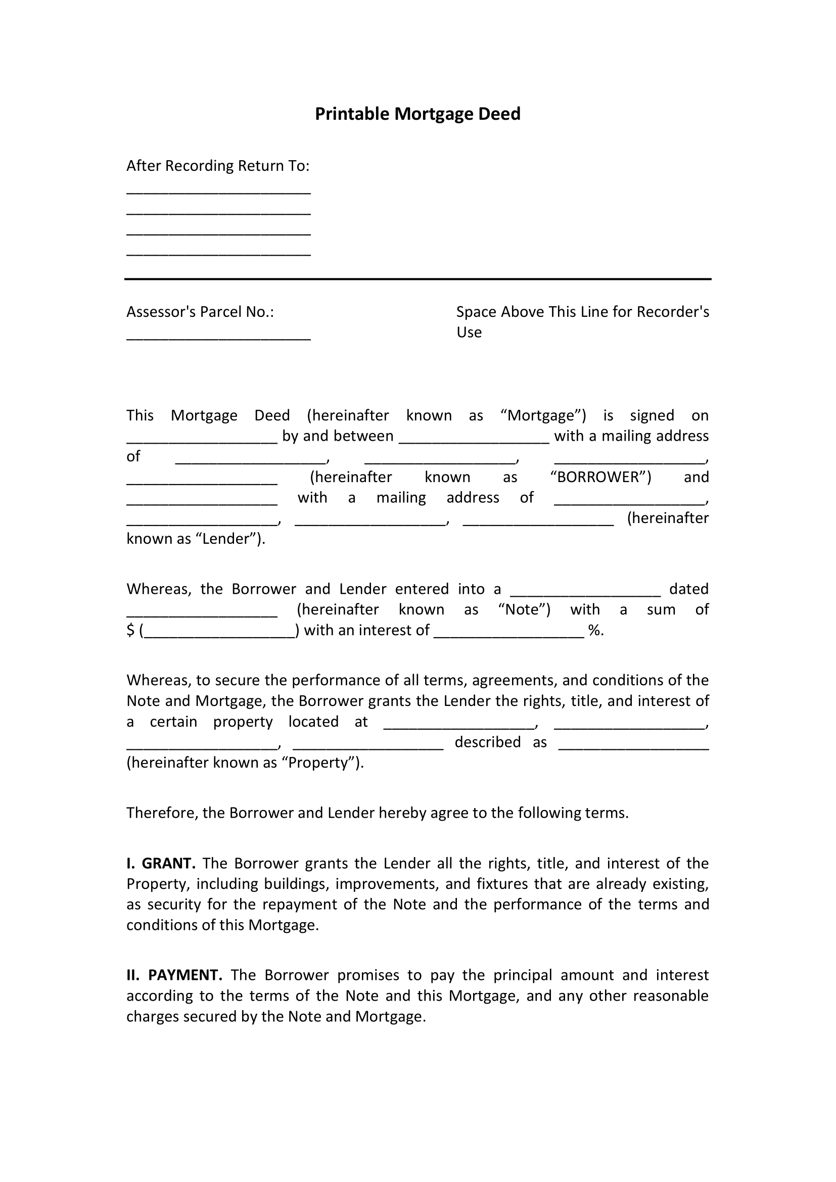 Printable Mortgage Deed Form