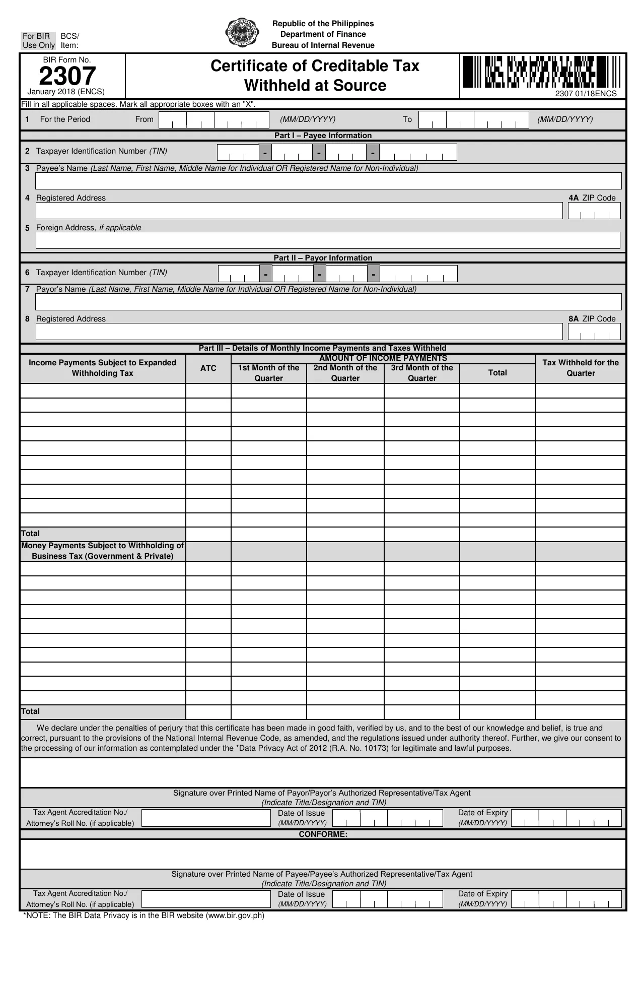 2307 BIR Form - Fill, Edit, Download & Print