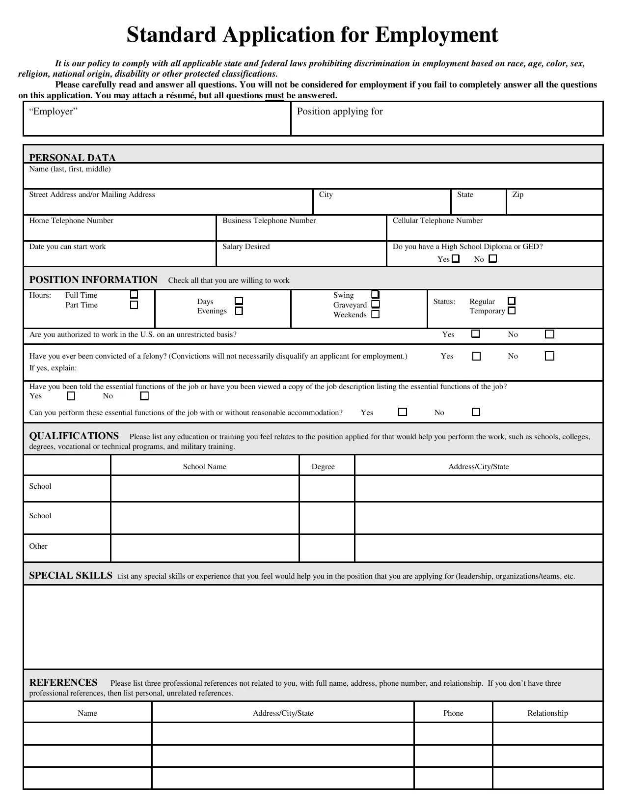 Application for Employment Form - Fill, Sign Online, Download & Print - No Signup