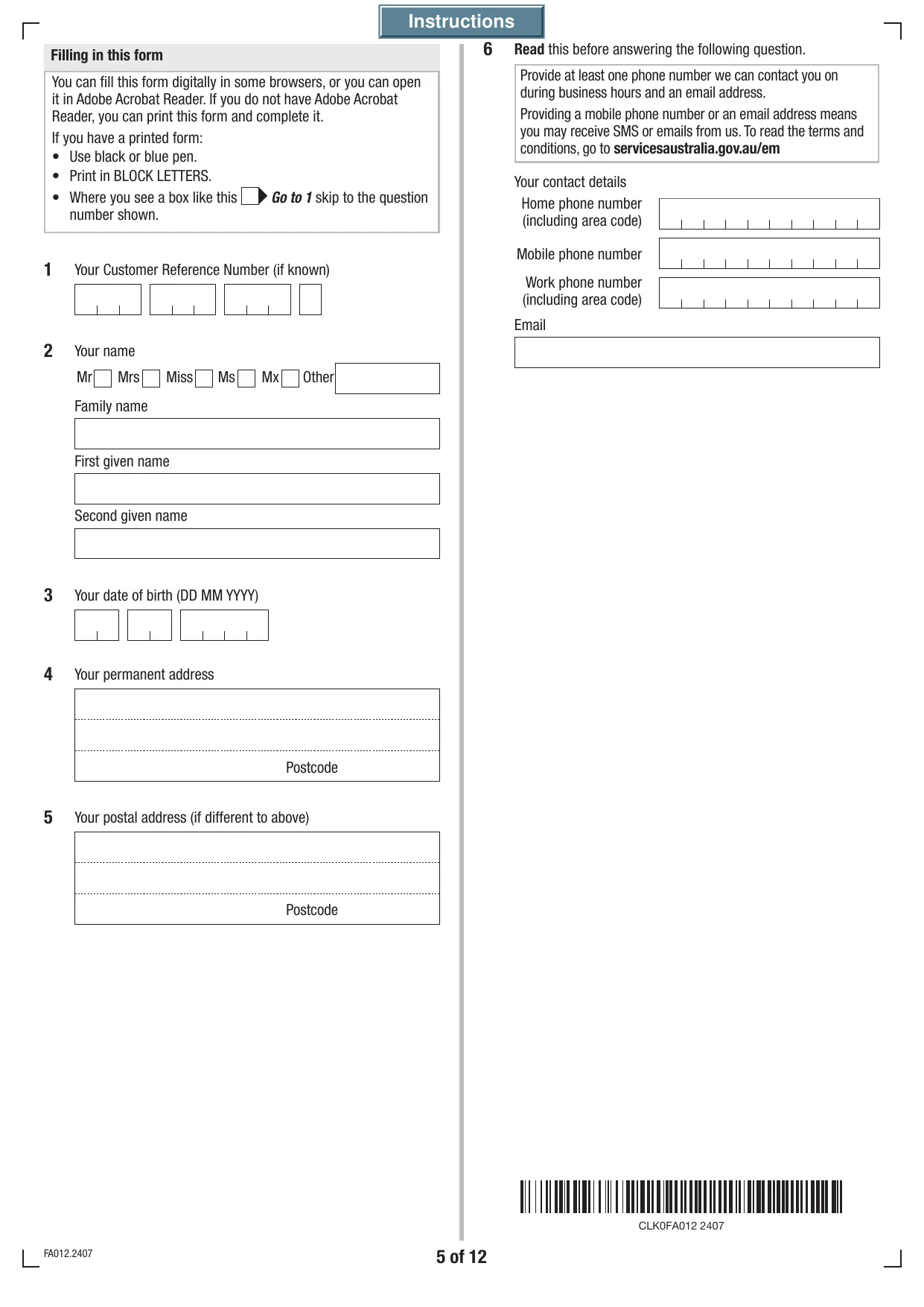 AU FA012 Form - Fill, Download & Print