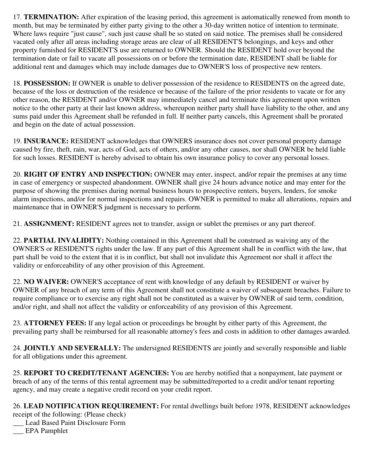 Basic Rental Agreement or Residential Lease - Fill, Download & Print