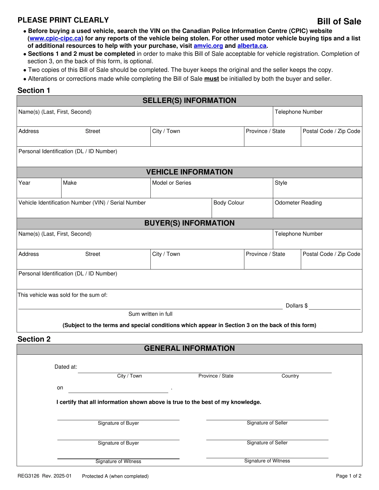 Bill of Sale Form Alberta 2025 - Fill, Download & Print