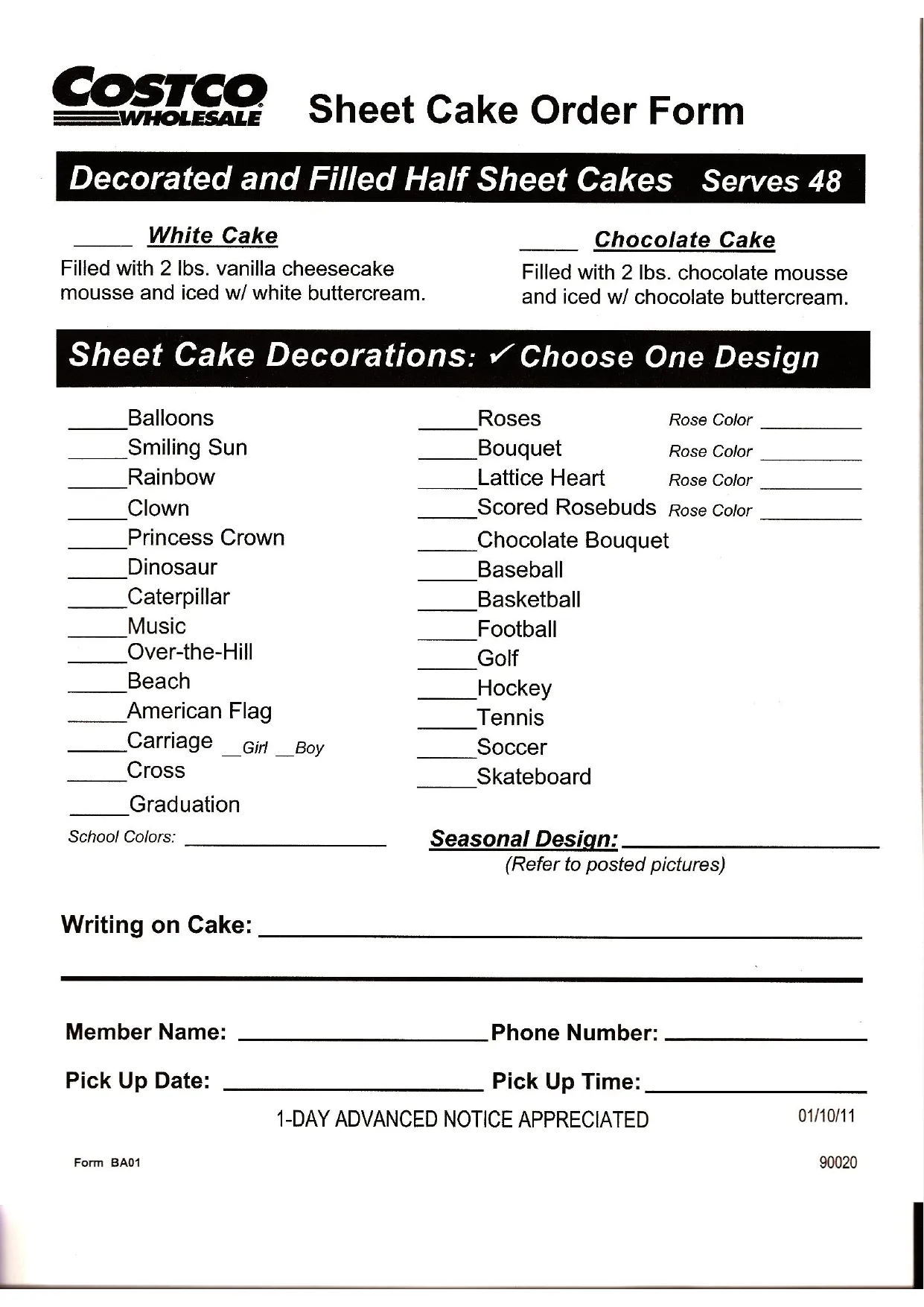 Costco Cake Order Form - Fill, Edit, Download & Print