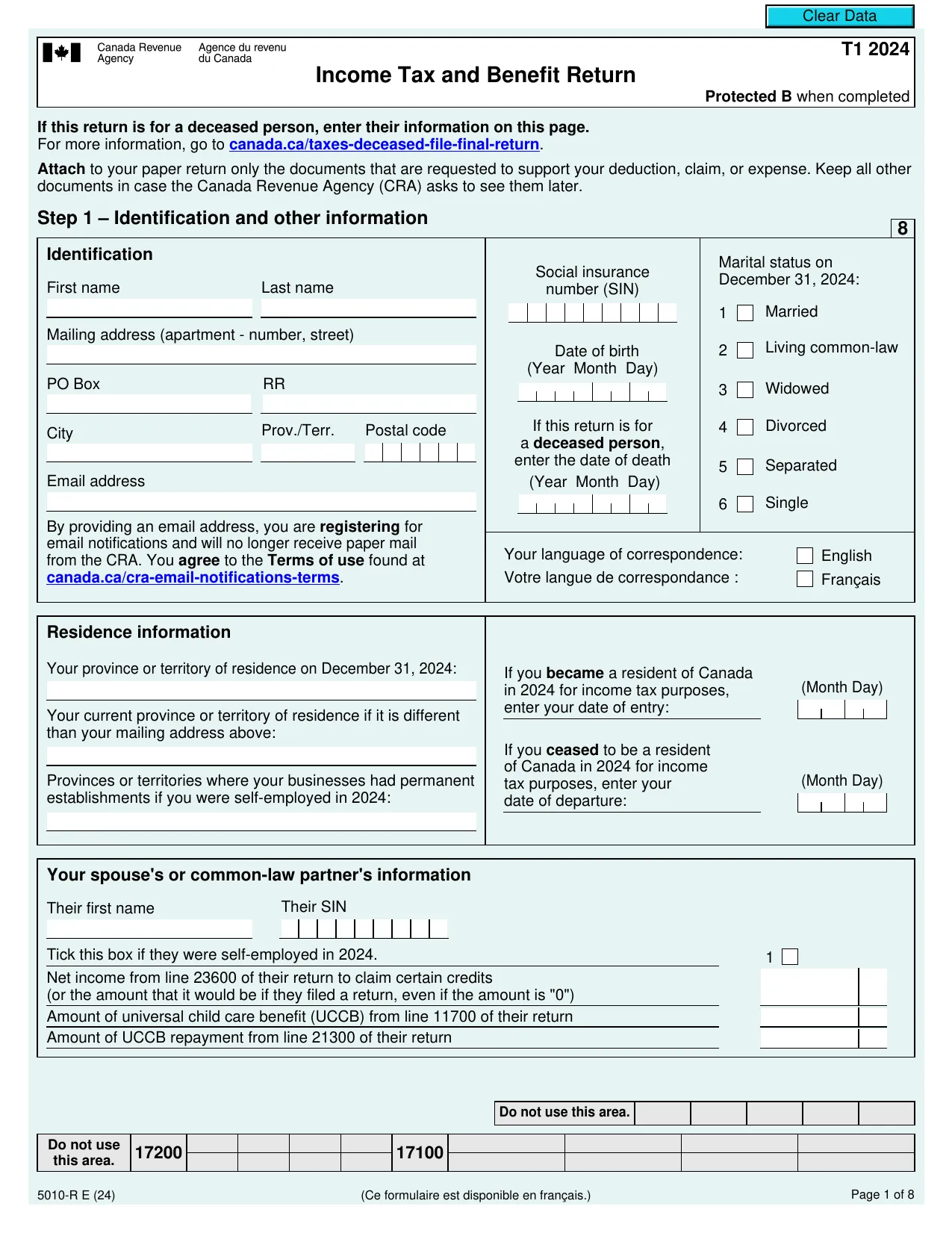 CRA T1 Form 2024 - Fill, Sign Online, Download & Print - No Signup