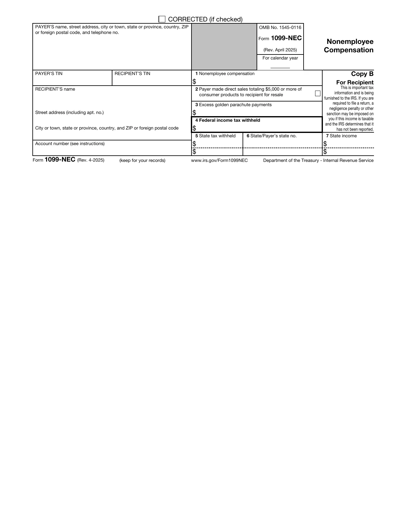 Form 1099-NEC, Fill and Download for FREE