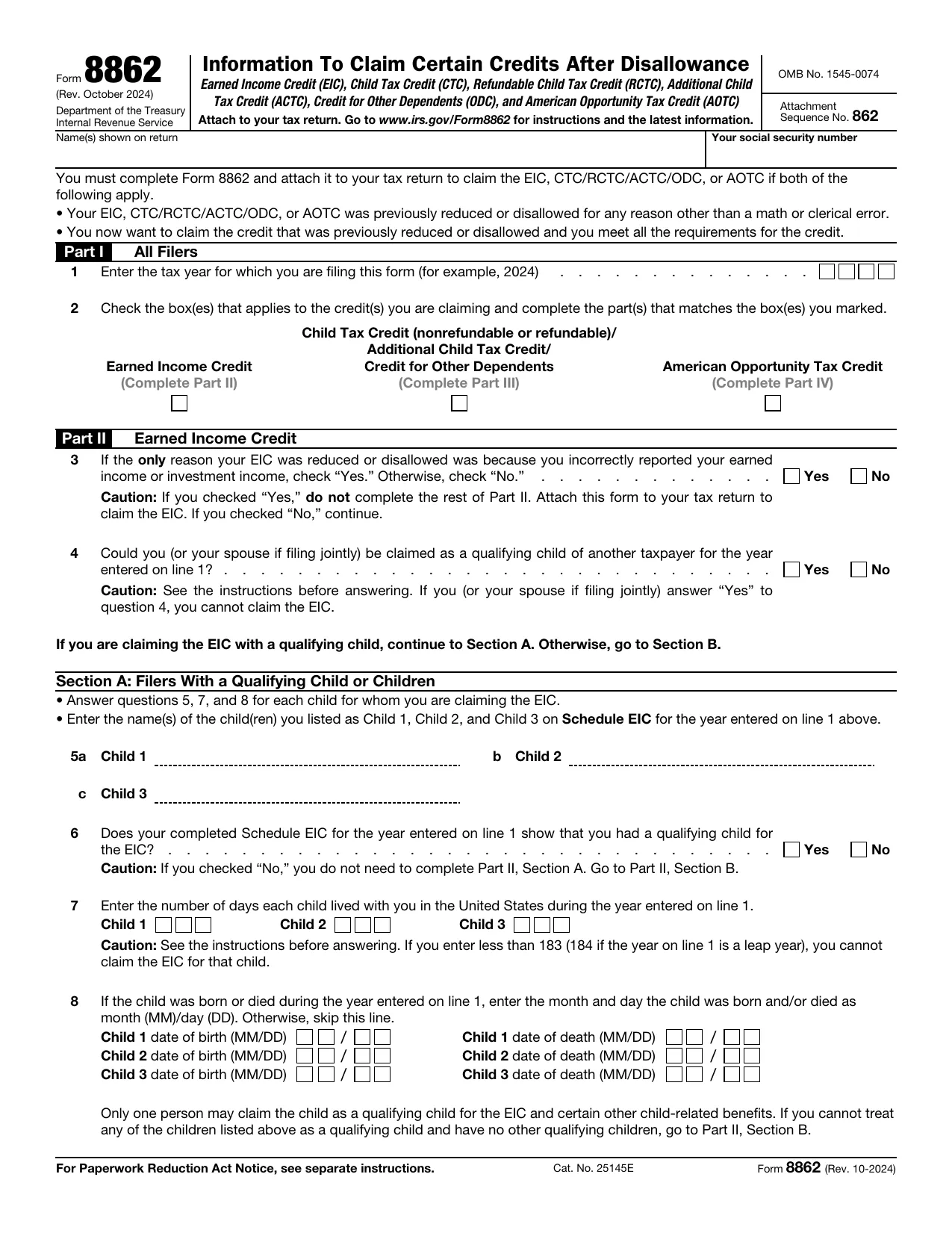 Form 8862 - Fill, Edit, Download & Print