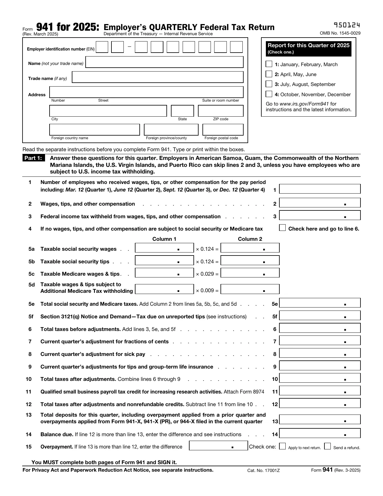Form 941 for 2025 - Fill, Sign Online, Download & Print - No Signup