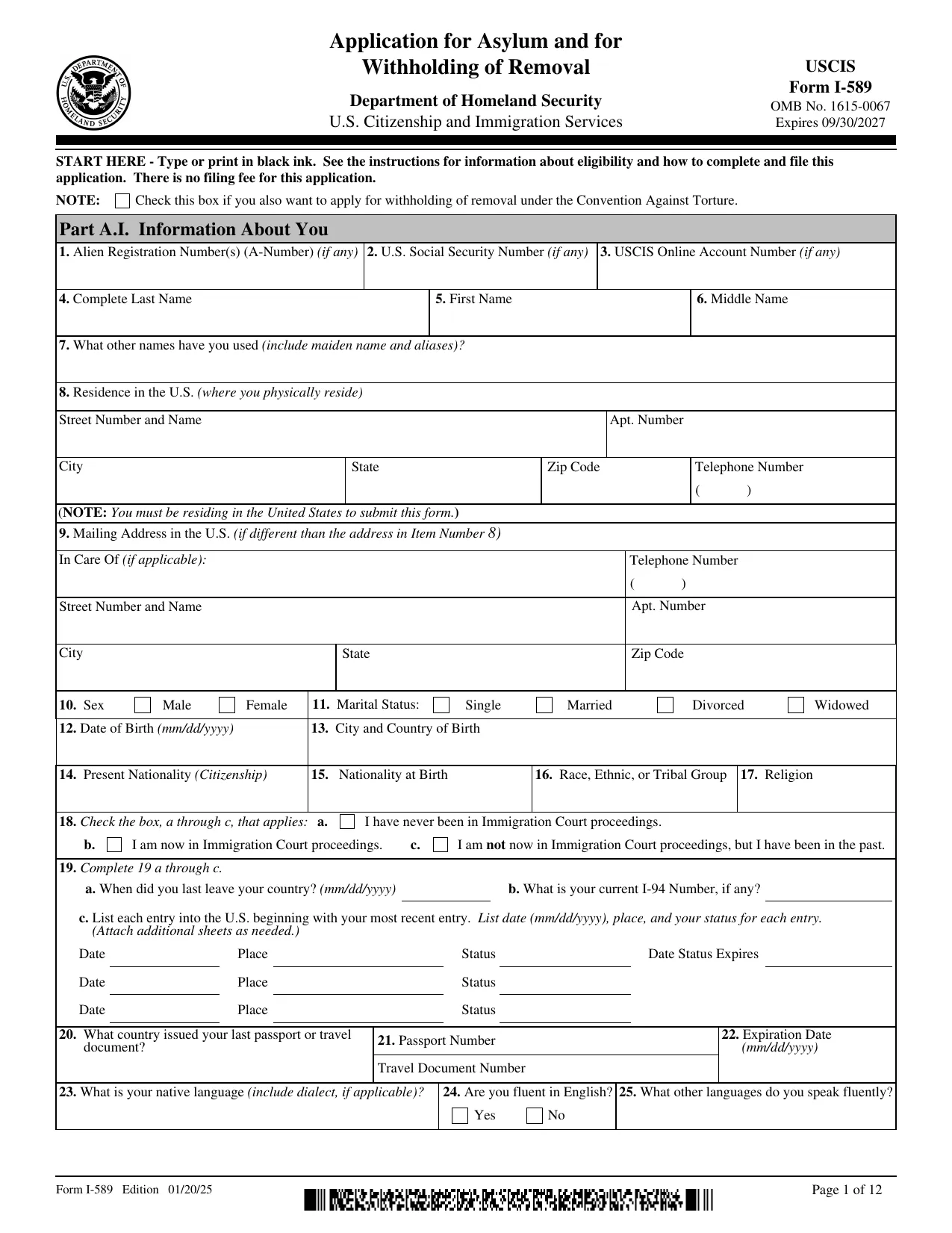 Form I-589 - Fill, Edit, Download & Print