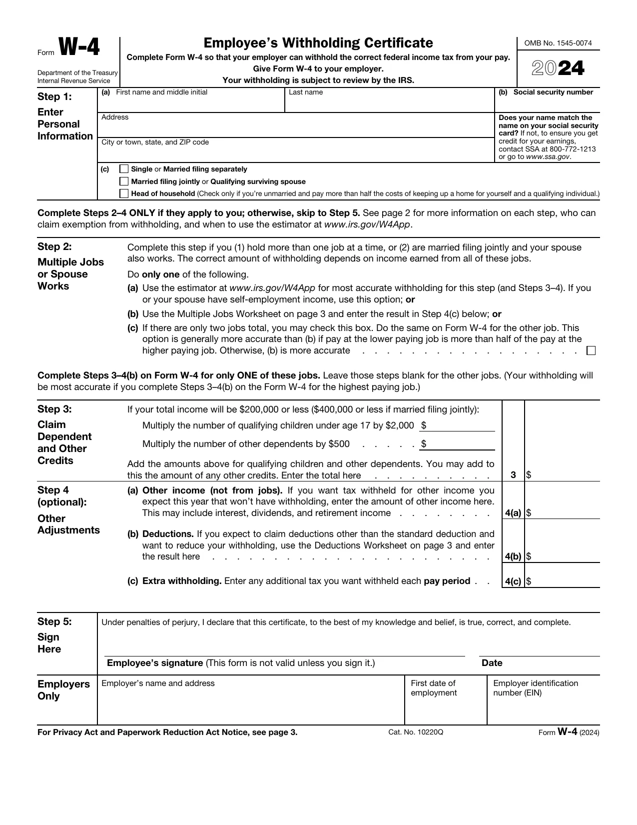 Form W-4 2024 - Fill, Download & Print