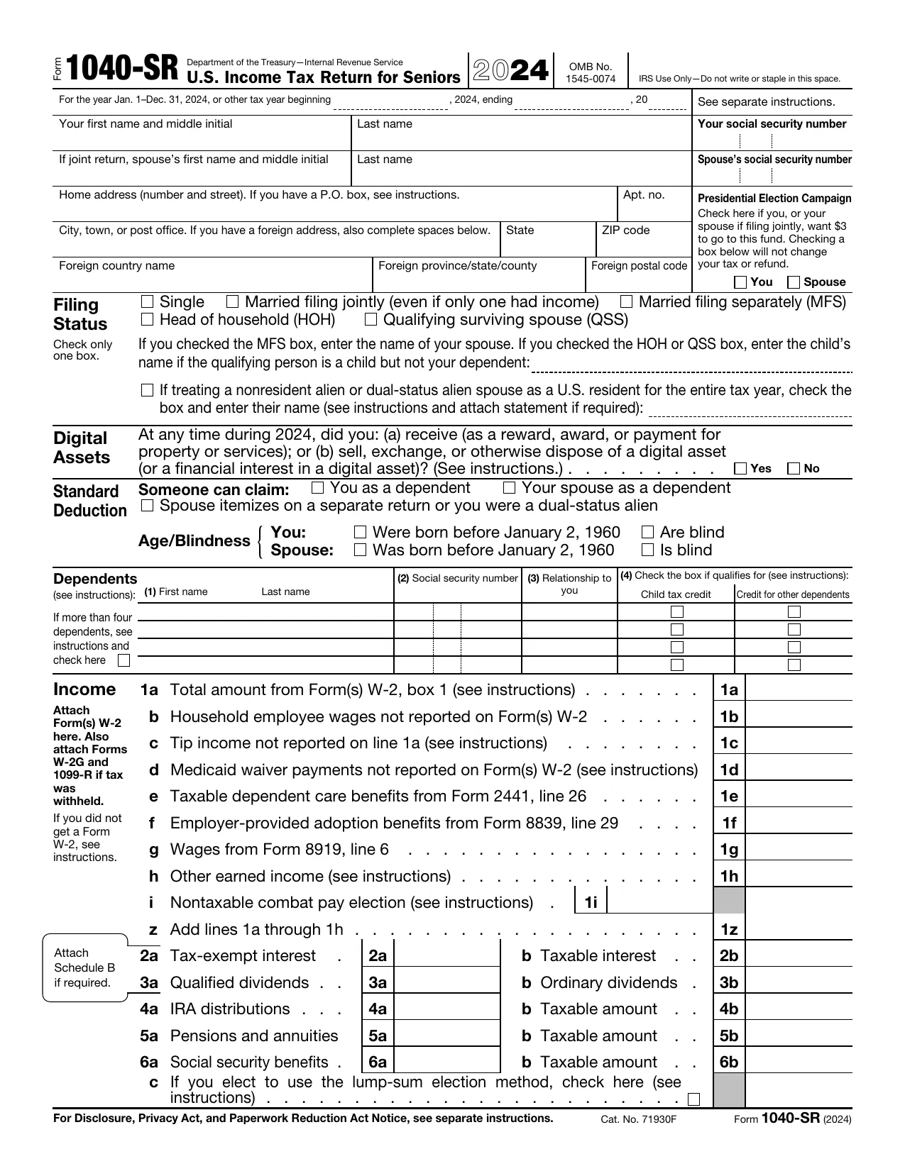 IRS Form 1040-SR 2024-2025 - Fill, Sign Online, Download & Print - No Signup