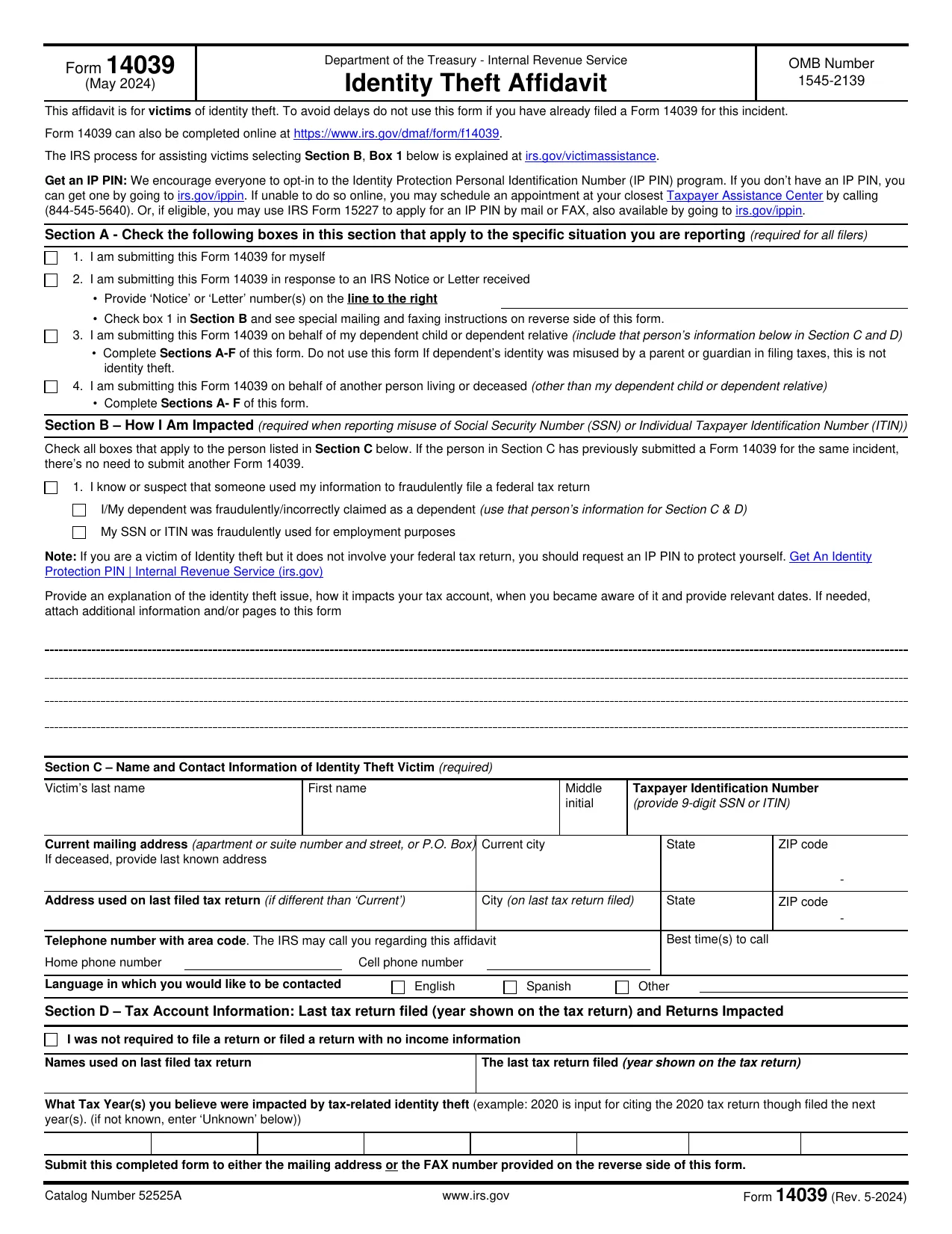 IRS Form 14039 (2024) - Fill, Sign Online, Download & Print - No Signup