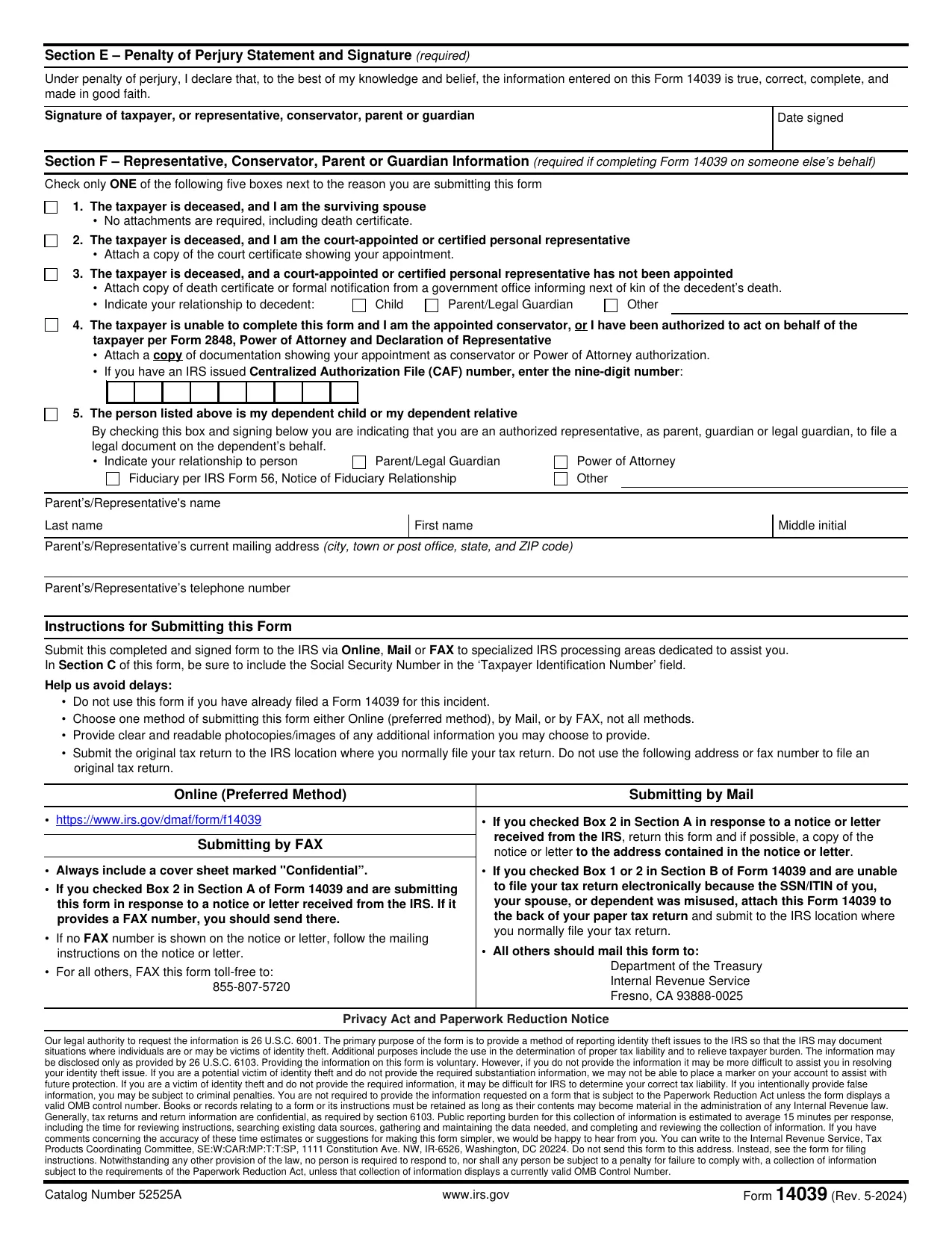 IRS Form 14039 (2024) - Fill, Sign Online, Download & Print - No Signup
