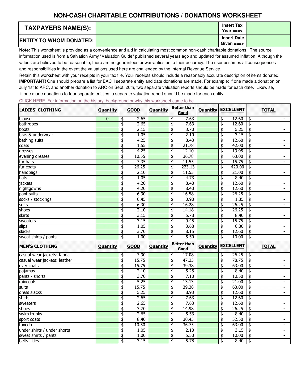 Non Cash Charitable Donations Worksheet- Fill, Sign Online, Download & Print - No Signup