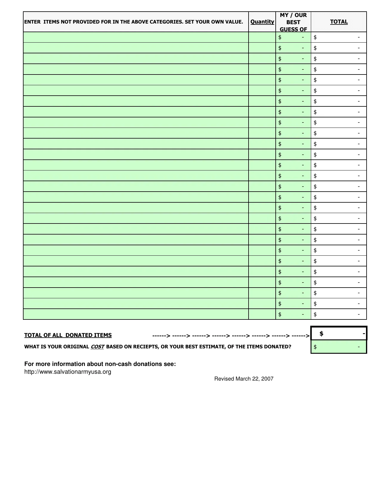 Non Cash Charitable Donations Worksheet- Fill, Sign Online, Download & Print - No Signup