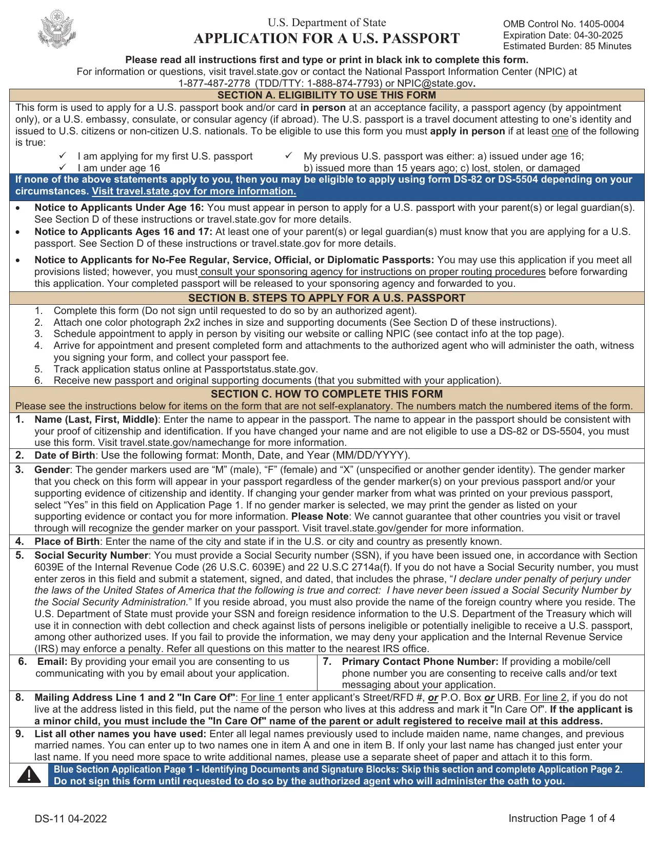 Passport Application DS-11 - Fill, Sign Online, Download & Print - No Signup