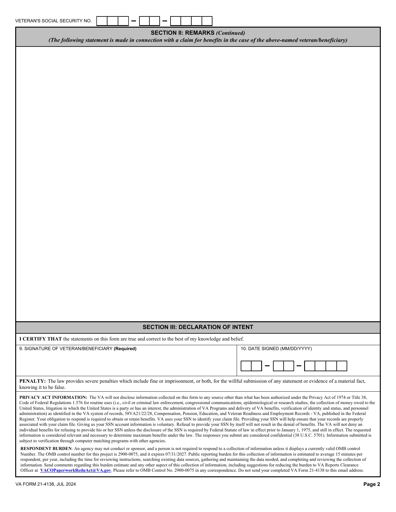 VA Form 21-4138 - Fill, Sign Online, Download & Print - No Signup
