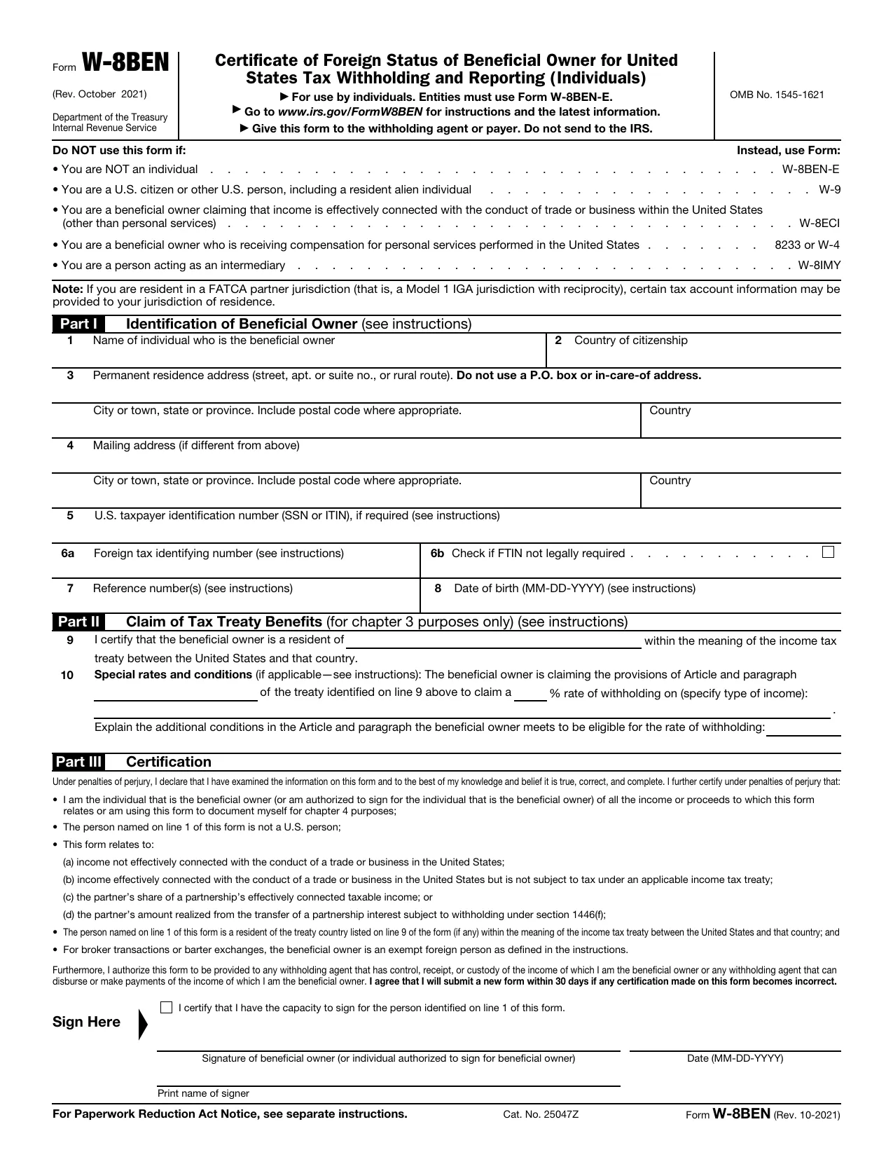 W-8BEN Form, Fill, Download & Print