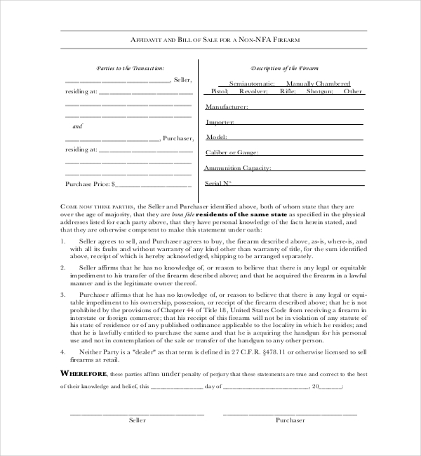 bill of sale form for transfer of firearms