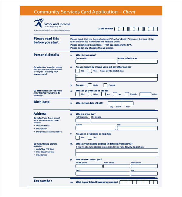 community services card application form