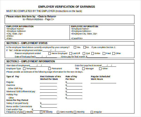 employer verification of earnings form