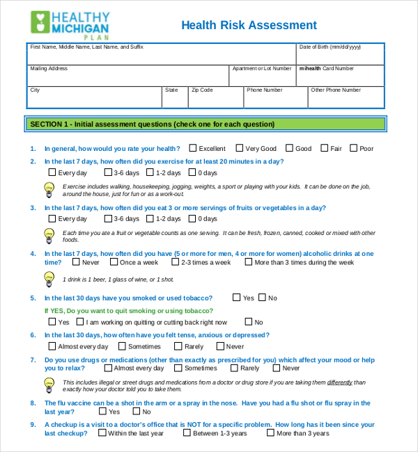 health risk assessment form download