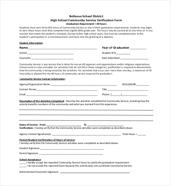 Service Hours Verification Form - Brandon High School