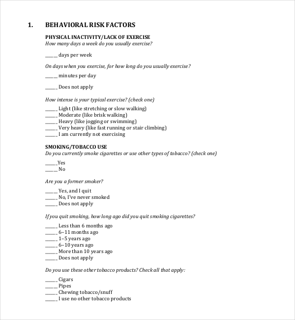 Free 14 Sample Health Risk Assessment Forms In Pdf Excel Word 3949