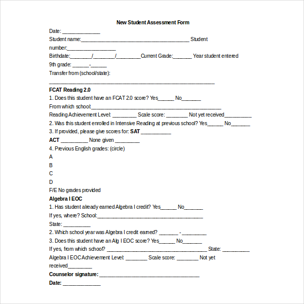 new student assessment form