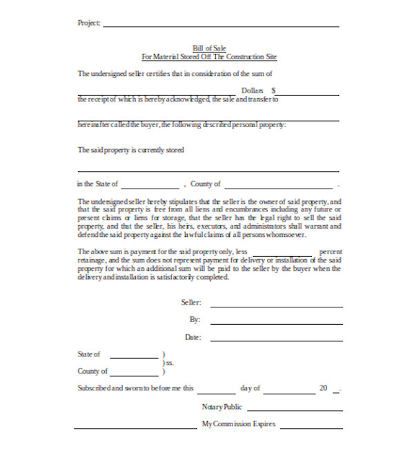 Sample Blank Bill of Sale Forms