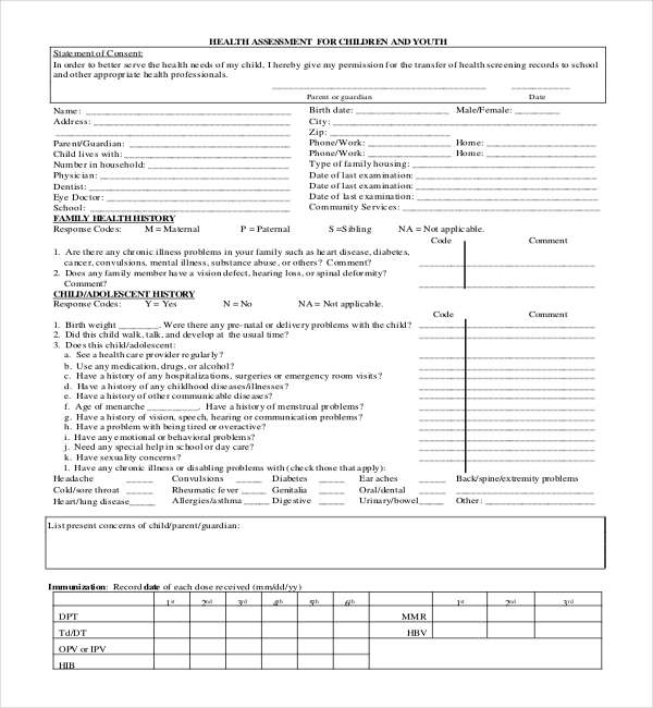 school health assessment form