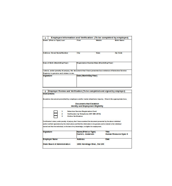 standard employment verification form