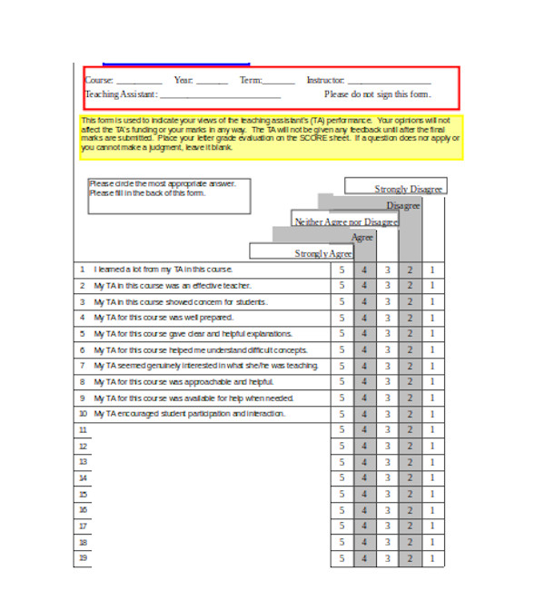 standard student evaluation form