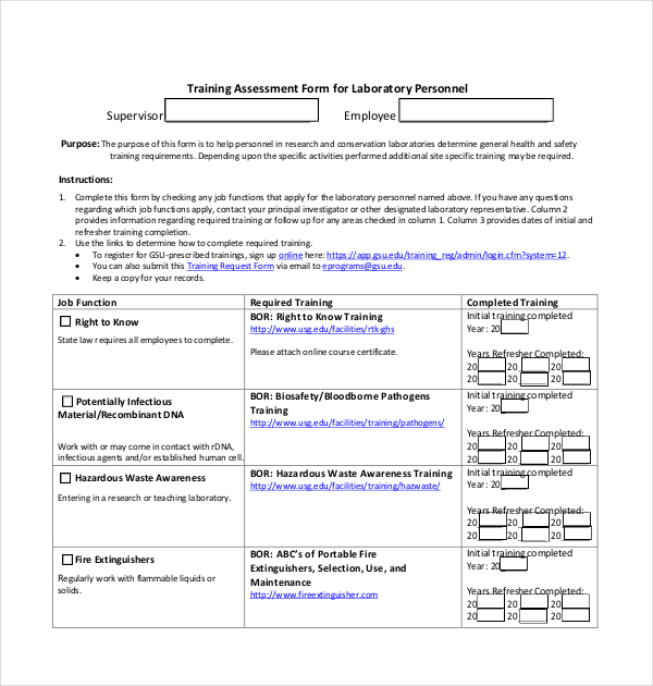 training assessment form for laboratory personnel