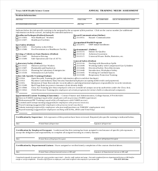 training needs assessment form